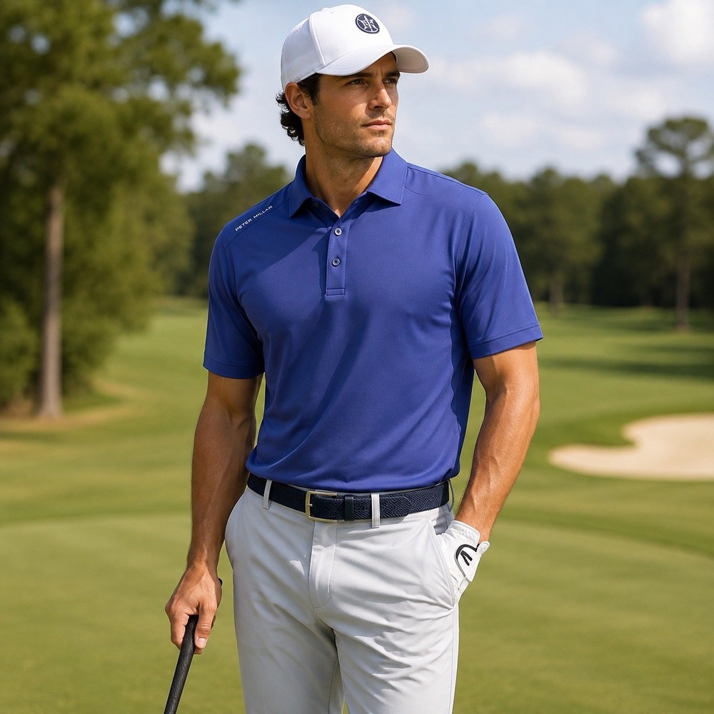 Peter Millar Summer Comfort Mens Large‎ Blue Performance Golf Polo Shirt Pocket